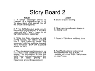 Story Board  2 Visual 1. A foreign passenger arrives in Thailand; he is preparing to get out of the plane (Long shot; overall view of the airport with the plane) 2. A Thai flight attendant gives a warm welcome by paying respect in the Thai traditional way (“Wai”) (zoom in at flight attendant and passenger) 3. While the flight attendant is still paying respect, her clothes changed into a Thai traditional dress; the passenger’s clothes suddenly changed into a Hawaiian T-Shirt with a garland around his neck 4. When the passenger look around he sees Thai people splashing water and playing Thai instruments all over the place (zoom out and pan around the group of people playing the instruments around the passenger)   Audio 1. Sound of plane landing 2. Slow instrumental music playing in the background 3. Sound of CD player suddenly stops 4. Fast Thai traditional instrumental music comes into play. (Drums, cymbals, xylophone, flute) “Kang-kaow-kin-kluay” song 