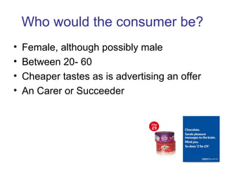 Who would the consumer be?
• Female, although possibly male
• Between 20- 60
• Cheaper tastes as is advertising an offer
• An Carer or Succeeder
 