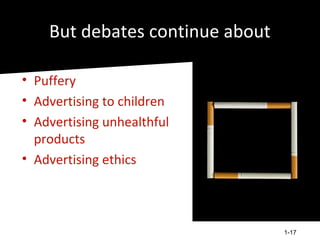 But debates continue about

• Puffery
• Advertising to children
• Advertising unhealthful
  products
• Advertising ethics




                                 1-17
 
