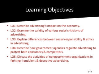 Learning Objectives

• LO1: Describe advertising’s impact on the economy.
• LO2: Examine the validity of various social criticisms of
  advertising.
• LO3: Explain differences between social responsibility & ethics
  in advertising.
• LO4: Describe how government agencies regulate advertising to
  protect both consumers & competitors.
• LO5: Discuss the activities of nongovernment organizations in
  fighting fraudulent & deceptive advertising.


                                                           2-19
 