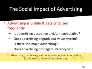 The Social Impact of Advertising

• Advertising is visible & gets criticized
  frequently
   –   Is advertising deceptive and/or manipulative?
   –   Does advertising degrade our value system?
   –   Is there too much Advertising?
   –   Does advertising propagate stereotypes?
   –   Is some advertising unnecessarily offensive?


                                                       2-26
 