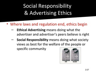 Social Responsibility
         & Advertising Ethics
• Where laws and regulation end, ethics begin
  – Ethical Advertising means doing what the
    advertiser and advertiser’s peers believe is right
  – Social Responsibility means doing what society
    views as best for the welfare of the people or
    specific community




                                                   2-27
 