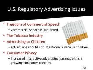 U.S. Regulatory Advertising Issues

• Freedom of Commercial Speech
  – Commercial speech is protected.
• The Tobacco Industry
• Advertising to Children
  – Advertising should not intentionally deceive children.
• Consumer Privacy
  – Increased interactive advertising has made this a
    growing consumer concern.
                                                        2-28
 