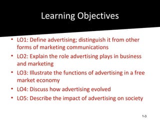 Learning Objectives

• LO1: Define advertising; distinguish it from other
  forms of marketing communications
• LO2: Explain the role advertising plays in business
  and marketing
• LO3: Illustrate the functions of advertising in a free
  market economy
• LO4: Discuss how advertising evolved
• LO5: Describe the impact of advertising on society

                                                      1-3
 