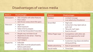 Disadvantages of various media
Medium Disadvantages
Newspapers • Ads compete with other features
• Poor colour
• Get thrown away (short life span)
Television • High cost
• Short exposure
• Takes time to prepare
• Can be fast forwarded if recorded
Radio • People may not listen to ad
• Depends on one sense – hearing
• Short exposure
• Can’t keep it
Magazines • Inflexible
• Ads often must be placed weeks
before publication
• Cost is relatively high
Medium Disadvantages
Outdoor • Limited message
• Low selectivity of audience
Direct Mail • High cost
• Consumers may reject ads as
junk mail
• ‘No junk mail’ signs
• Easy to discard
Yellow Pages-type • Competition with other ads
• Can be expensive for small
businesses
Internet • Customers may leave site before
doing anything
Mobile advertising • Easy to ignore/avoid
Social media • Time drain
 
