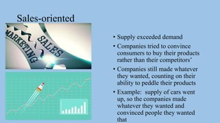 Sales-oriented
• Supply exceeded demand
• Companies tried to convince
consumers to buy their products
rather than their competitors’
• Companies still made whatever
they wanted, counting on their
ability to peddle their products
• Example: supply of cars went
up, so the companies made
whatever they wanted and
convinced people they wanted
that
 