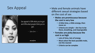 Sex Appeal • Male and female animals have
different sexual strategies based
on the cost of sex
• Males are promiscuous because
the cost is very low
• A little time, a little energy, then
move on
• Criteria are simple – she has to be
there, breathing, and impregnable
• Females are picky because the
cost is so high
• Lots of time, lots of energy
• Must select the best possible male,
not the nearest
• Criteria can be complex
 