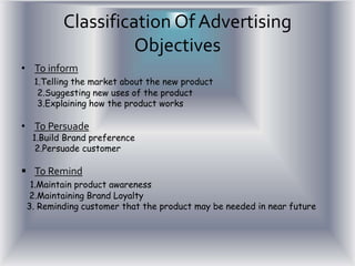 Classification Of Advertising
Objectives
• To inform
1.Telling the market about the new product
2.Suggesting new uses of the product
3.Explaining how the product works
• To Persuade
1.Build Brand preference
2.Persuade customer
 To Remind
1.Maintain product awareness
2.Maintaining Brand Loyalty
3. Reminding customer that the product may be needed in near future
 