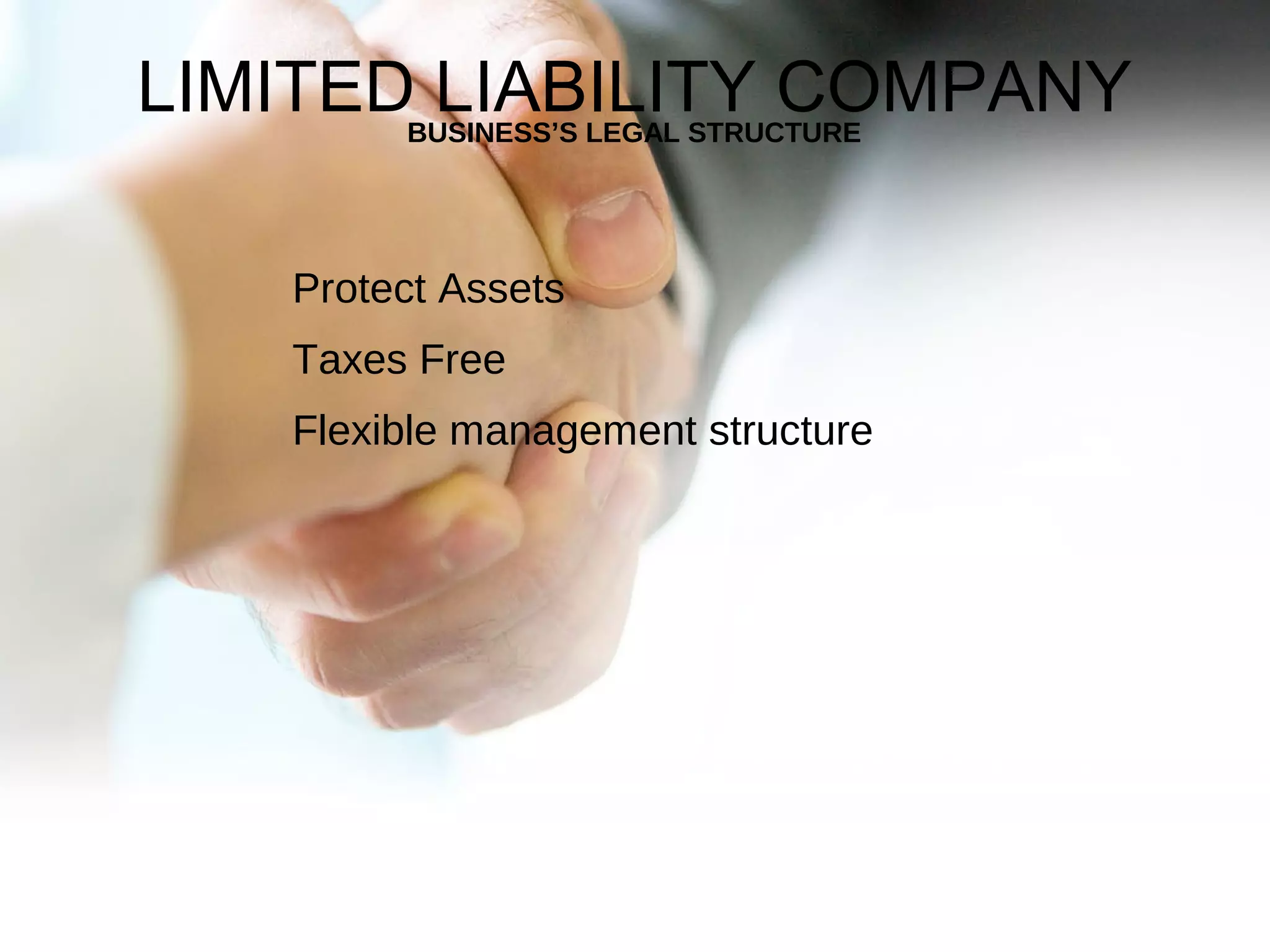 BUSINESS’S LEGAL STRUCTURE
LIMITED LIABILITY COMPANY
Protect Assets
Taxes Free
Flexible management structure
 