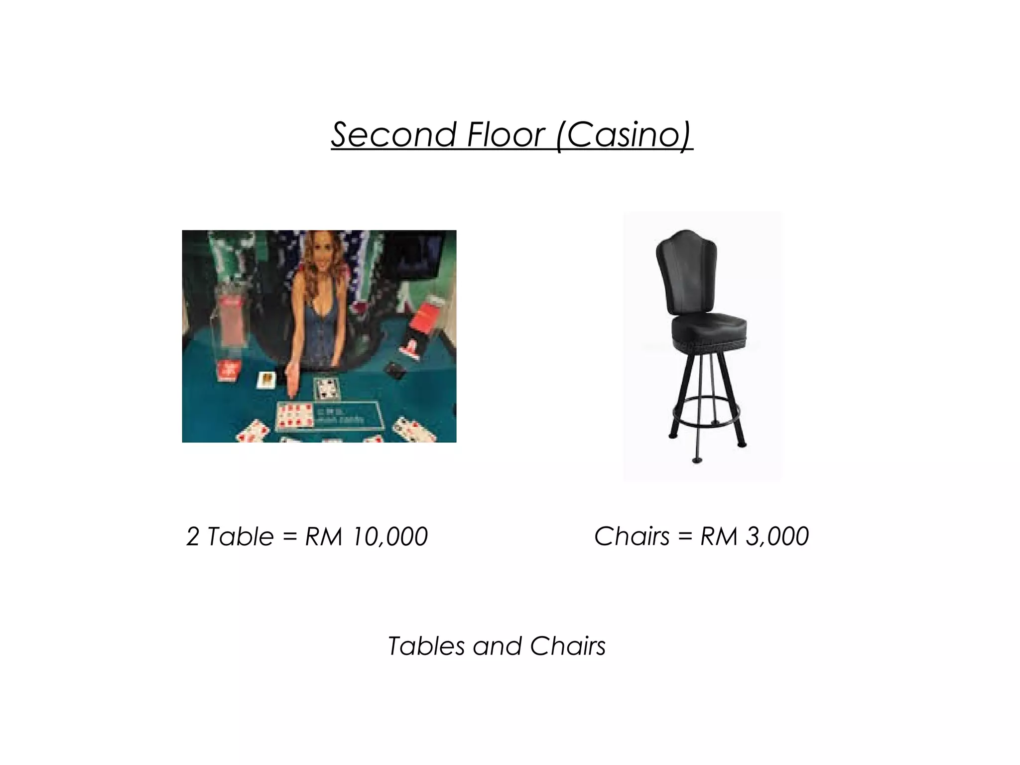 Second Floor (Casino)
Tables and Chairs
2 Table = RM 10,000 Chairs = RM 3,000
 