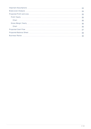 Important Assumptions 24
Brake-even Analysis 24
Projected Profit and Loss 25
Profit Yearly 26
Chart 26
Gross Margin Yearly 26
Chart 26
Projected Cash Flow 27
Projected Balance Sheet 29
Business Ratios 30
2 / 32
 