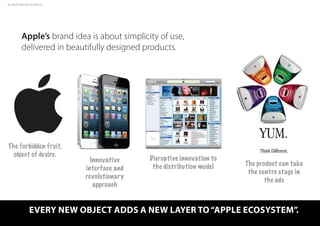 Apple’s brand idea is about simplicity of use,
delivered in beautifully designed products.
The forbidden fruit,
object of desire.
everY new obJeCt adds a new laYer to“apple eCosYsteM”.
Innovative
interface and
revolutionary
approach
The product can take
the centre stage in
the ads
Disruptive innovation to
the distribution model
ALL RIGHTS BELONG TO APPLE ©
 