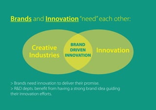 Brands and Innovation“need”each other:
> Brands need innovation to deliver their promise.
> R&D depts. benefit from having a strong brand idea guiding
their innovation efforts.
Creative
Industries
BRAND
DRIVEN
INNOVATION
Innovation
 