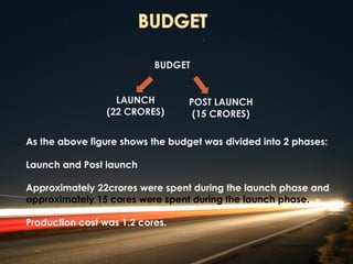 As the above figure shows the budget was divided into 2 phases:

Launch and Post launch

Approximately 22crores were spent during the launch phase and
approximately 15 cores were spent during the launch phase.

Production cost was 1.2 cores.
 