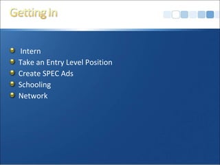 Intern
Take an Entry Level Position
Create SPEC Ads
Schooling
Network
 