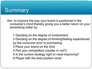 SummaryAim: to improve the way your brand is positioned in the consumer’s mind thereby giving you a better return on your advertising dollar by:1 Deciding on the degree of involvement2 Deciding on the degree of thinking/feeling experiencedby the consumer prior to purchasing3 Place your brand on the Grid4 Plot your competitors (cluster or not?)5 Is the current strategy right or need improving?6 Player with the best position wins!