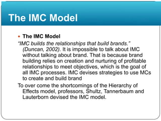 The IMC ModelThe IMC Model“IMC builds the relationships that build brands.” (Duncan, 2002). It is impossible to talk about IMC without talking about brand. That is because brand building relies on creation and nurturing of profitable relationships to meet objectives, which is the goal of all IMC processes. IMC devises strategies to use MCs to create and build brandTo over come the shortcomings of the Hierarchy of Effects model, professors, Shultz, Tannerbaum and Lauterborn devised the IMC model.