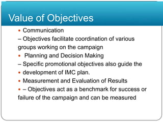 Value of ObjectivesCommunication– Objectives facilitate coordination of variousgroups working on the campaign Planning and Decision Making– Specific promotional objectives also guide thedevelopment of IMC plan.Measurement and Evaluation of Results– Objectives act as a benchmark for success orfailure of the campaign and can be measured
