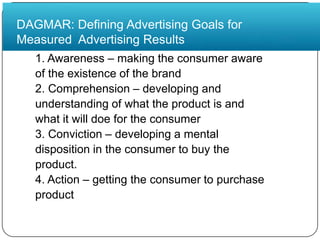 DAGMAR: Defining Advertising Goals for Measured  Advertising Results1. Awareness – making the consumer awareof the existence of the brand2. Comprehension – developing andunderstanding of what the product is andwhat it will doe for the consumer3. Conviction – developing a mentaldisposition in the consumer to buy theproduct.4. Action – getting the consumer to purchaseproduct