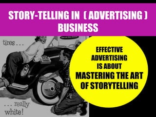 STORY-TELLING IN ( ADVERTISING ) BUSINESS 
EFFECTIVE 
ADVERTISING 
IS ABOUT 
MASTERING THE ART 
OF STORYTELLING 
by LUCIA TREZOVA Prague, October, 2014  