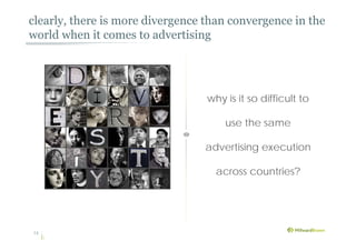 why is it so difficult to
use the same
advertising execution
across countries?
clearly, there is more divergence than convergence in the
world when it comes to advertising
14
 