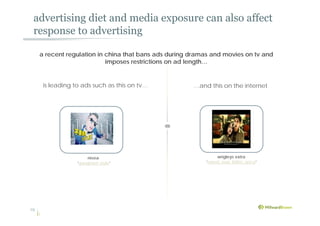advertising diet and media exposure can also affect
response to advertising
a recent regulation in china that bans ads during dramas and movies on tv and
imposes restrictions on ad length…
is leading to ads such as this on tv… …and this on the internet
wrigleys extra
‘sweet, sour, bitter, spicy’
nivea
‘gangnam style’
19
 