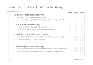 a simple travel checklist for advertising
• stage of category development
o are the category offerings similar?
o does the message differentiate you from competitors?
• brand stature and meaning
o is your brand in a similar life stage?
o does your brand have the same positioning?
• advertising and media environment
o are there differences in media context? (e.g. ad length)
o is the advertising context similar?
• cultural response to advertising
o does the consumer insight hold true across these markets?
o do these markets fall into the same advertising clusters?
mkt 1 mkt 2 mkt 3
20
 