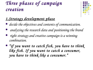 Three phases of campaign
creation
1.Strategy development phase
 decide the objectives and contents of communication.
 analyzing the research data and positioning the brand
 right strategy and creative campaign is a winning
combination.
 “if you want to catch fish, you have to think
like fish. If you want to catch a consumer,
you have to think like a consumer.”

 