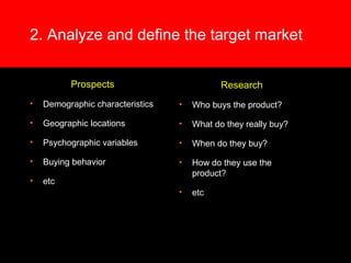 2. Analyze and define the target market
Prospects
• Demographic characteristics
• Geographic locations
• Psychographic variables
• Buying behavior
• etc
Research
• Who buys the product?
• What do they really buy?
• When do they buy?
• How do they use the
product?
• etc
 