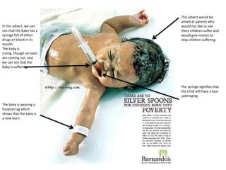 In this advert, we can
see that the baby has a
syringe full of either
drugs or blood in its
mouth.
The baby is
crying, though no tears
are coming out, and
we can see that the
baby is suffering.

This advert would be
aimed at parents who
would not like to see
there children suffer and
would give money to
stop children suffering.

The syringe signifies that
the child will have a bad
upbringing.
The baby is wearing a
hospital tag which
shows that the baby is
a new born.

 