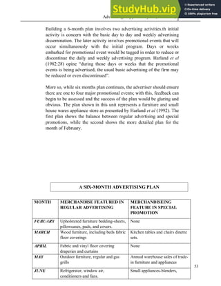 Advertising Copy and Layout (MAC 332) 2013
53
Building a 6-month plan involves two advertising activities.th initial
activity is concern with the basic day to day and weekly advertising
dissemination. The later activity involves promotional events that will
occur simultaneously with the initial program. Days or weeks
embarked for promotional event would be tagged in order to reduce or
discontinue the daily and weekly advertising program. Harland et el
(1982:28) opine “during those days or weeks that the promotional
events is being advertised, the usual basic advertising of the firm may
be reduced or even discontinued”.
More so, while six months plan continues, the advertiser should ensure
there are one to four major promotional events; with this, feedback can
begin to be assessed and the success of the plan would be glaring and
obvious. The plan shown in this unit represents a furniture and small
house wares appliance store as presented by Harland et al (1992). The
first plan shows the balance between regular advertising and special
promotions, while the second shows the more detailed plan for the
month of February.
MONTH MERCHANDISE FEATURED IN
REGULAR ADVERTISING
MERCHANDISEING
FEATURE IN SPECIAL
PROMOTION
FUBUARY Upholstered furniture bedding-sheets,
pillowcases, pads, and covers.
None
MARCH Wood furniture, including beds fabric
floor coverings
Kitchen tables and chairs dinette
sets.
APRIL Fabric and vinyl floor covering
draperies and curtains
None
MAY Outdoor furniture, regular and gas
grills
Annual warehouse sales of trade-
in furniture and appliances
JUNE Refrigerator, window air,
conditioners and fans.
Small appliances-blenders,
A SIX-MONTH ADVERTISING PLAN
 