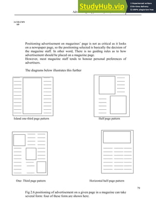 Advertising Copy and Layout (MAC 332) 2013
79
2-COLUMN
AD
Positioning advertisement on magazines’ page is not as critical as it looks
on a newspaper page, so the positioning selected is basically the decision of
the magazine staff. In other word, There is no guiding rules as to how
advertisement should be placed on a magazine page.
However, most magazine staff tends to honour personal preferences of
advertisers.
The diagrams below illustrates this further
____ ____ _____
_____ _____ _____
_____ _____ _____
_____ _____ _____
_____ _____ _____
_____ _____
_____ _____ _____
_____ _____ _____
_____ _____ _____
_____ _____ _____
_____ _____ _____
Island one-third page pattern Half page pattern
_____ _____
_____ _____
_____ _____
_____ _____
_____ _____ ______ ______ _____
_____ _____ ______ ______ _____
_____ _____ ______ ______ _____
_____ _____ ______ ______ _____
_____ _____ ______ ______ _____
_____ _____ ______ ______ _____
_____ ______ ______ _____
_____ _____
One- Third page pattern Horizontal half-page pattern
Fig 2.6.positioning of advertisement on a given page in a magazine can take
several form: four of these form are shown here.
 