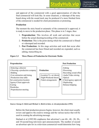 Advertising Copy and Layout (MAC 332) 2013
92
and approval of the commercial with a good approximation of what the
final commercial will look like. In some situations, a videotape of the story
board along with the sound track may be produced if a more finished form
of the commercial is needed for client presentations or protesting.
Production
The moment the story board or aniamatic of the commercial is approved, it
is ready to move to the production phase. This phase is in 3 stages, thus:
1. Preproduction: This involves all work and activities that occur
before the actual shooting/recording of the commercial.
2. Production: This is the point during which the commercial is filmed
or videotaped and recorded.
3. Post Production: At this stage activities and work that occur after
the commercial has been filmed and recorded are expended, such as
editing, transcribing etc.
Figure 3.3 Three Phases of Production for Electronic Media
Preproduction Post Production
-Selecting a director -Editing
-Choosing a production company Production -Processing
-Bidding -Recording sound effect
-Cost estimation and timing -Location Vs. set shoots -Audio/Video mixing
-Production time table -Night/Weekend shoots -Optical
Set construction location -Talent arrangements -Client/agency approval
Agency/Client approvals -Duplicating
Casting -Release/shipping
Wardrobes
-Preproduction meeting
Source: George E. Belch and Michael A. Belch in Intro. to Ad and production (1995)
Before the final production process begins, however, the client must usually
review and approve the creative strategy and the various tactics that will be
used in creating the advertising message.
Harland et al (1992:98) emphasize that advertiser’s can 60-, 40, -30, 20-,
and 10-second-long television spot announcements. The number of second
an advertiser opts for in a television commercial would determine how long
 