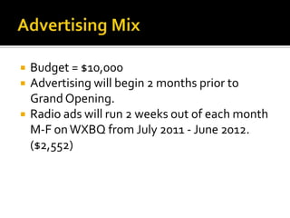 Advertising MixBudget = $10,000Advertising will begin 2 months prior to Grand Opening.Radio ads will run 2 weeks out of each month M-F on WXBQ from July 2011 - June 2012. ($2,552)