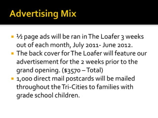 Advertising Mix½ page ads will be ran in The Loafer 3 weeks out of each month, July 2011- June 2012.The back cover for The Loafer will feature our advertisement for the 2 weeks prior to the grand opening. ($3570 – Total)1,000 direct mail postcards will be mailed throughout the Tri-Cities to families with grade school children.