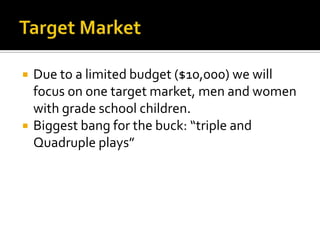 Target MarketDue to a limited budget ($10,000) we will focus on one target market, men and women with grade school children.Biggest bang for the buck: “triple and Quadruple plays”