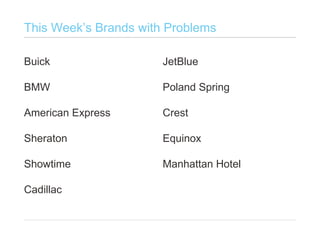 This Week’s Brands with ProblemsBuickBMWAmerican ExpressSheratonShowtimeCadillacJetBluePoland SpringCrestEquinoxManhattan Hotel