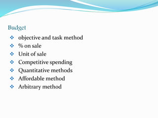 Budget
 objective and task method
 % on sale
 Unit of sale
 Competitive spending
 Quantitative methods
 Affordable method
 Arbitrary method
 