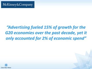 “Advertising fueled 15% of growth for the
G20 economies over the past decade, yet it
only accounted for 2% of economic spend”
 