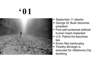 ‘01
• September 11 attacks
• George W. Bush becomes
president
• First self-contained artificial
human heart implanted
• U.S. Patriot Act becomes
law
• Enron files bankruptcy
• Timothy McVeigh is
executed for Oklahoma City
bombing
 