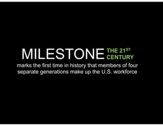 MILESTONETHE 21ST
CENTURY
marks the first time in history that members of four
separate generations make up the U.S. workforce
 
