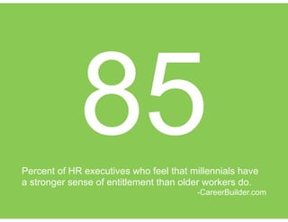 85Percent of HR executives who feel that millennials have
a stronger sense of entitlement than older workers do.
-CareerBuilder.com
 