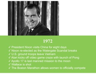 !
1972!
✓ President Nixon visits China for eight days
✓ Nixon re-elected as the Watergate Scandal breaks
✓ U.S. ground troops leave Vietnam
✓ Atari kicks off video game craze with launch of Pong
✓ Apollo 17 is last manned mission to the moon
✓ Wallace is shot
✓ The Boston Marathon allows women to officially compete
 