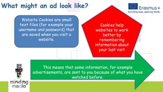 What might an ad look like?
Website Cookies are small
text files (for example your
username and password) that
are saved when you visit a
website.
Cookies help
websites to work
better by
remembering
information about
your last visit
This means that some information, for example
advertisements, are sent to you because of what you have
watched before.
 