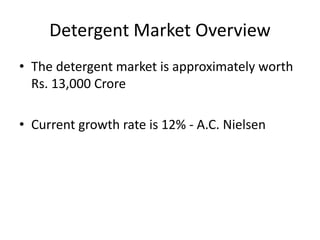 Detergent Market Overview
• The detergent market is approximately worth
Rs. 13,000 Crore
• Current growth rate is 12% - A.C. Nielsen
 