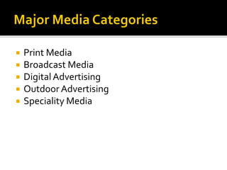  Print Media
 Broadcast Media
 DigitalAdvertising
 Outdoor Advertising
 Speciality Media
 