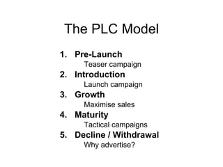 The PLC Model Pre-Launch Teaser campaign Introduction Launch campaign Growth Maximise sales Maturity Tactical campaigns Decline / Withdrawal Why advertise? 