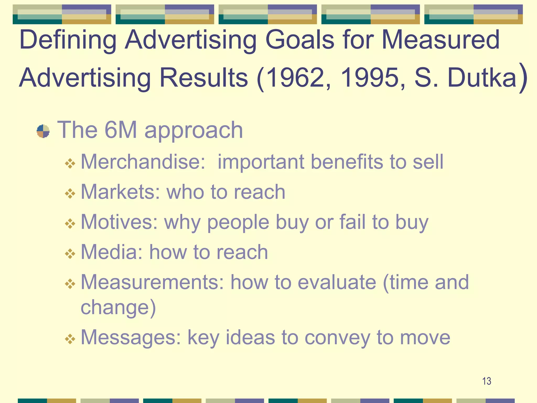 13
Defining Advertising Goals for Measured
Advertising Results (1962, 1995, S. Dutka)
The 6M approach
 Merchandise: important benefits to sell
 Markets: who to reach
 Motives: why people buy or fail to buy
 Media: how to reach
 Measurements: how to evaluate (time and
change)
 Messages: key ideas to convey to move
 