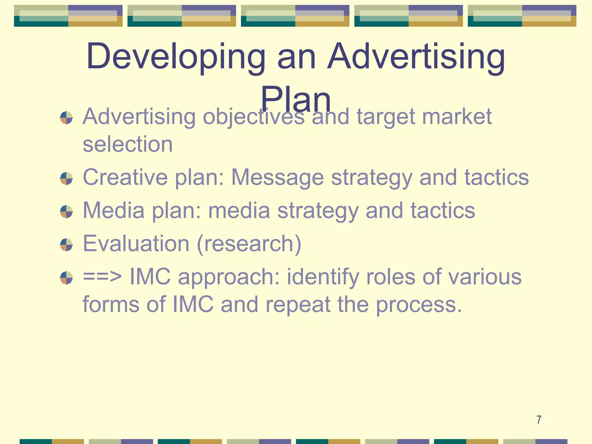 7
Developing an Advertising
Plan
Advertising objectives and target market
selection
Creative plan: Message strategy and tactics
Media plan: media strategy and tactics
Evaluation (research)
==> IMC approach: identify roles of various
forms of IMC and repeat the process.
 