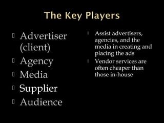  Advertiser
(client)
 Agency
 Media
 Supplier
 Audience
 Assist advertisers,
agencies, and the
media in creating and
placing the ads
 Vendor services are
often cheaper than
those in-house
 